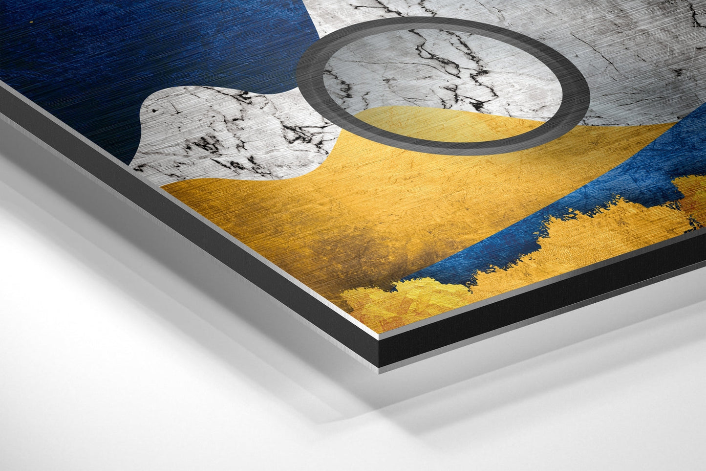 Blue Gold Mountains Circle Rings Brushed Aluminium Dibond Wall Art
