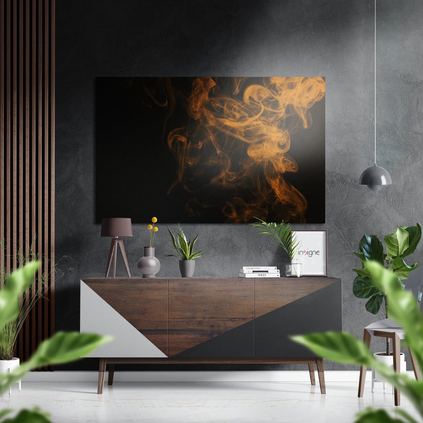 Orange Swirling Smoke On Black Brushed Aluminium Dibond Wall Art