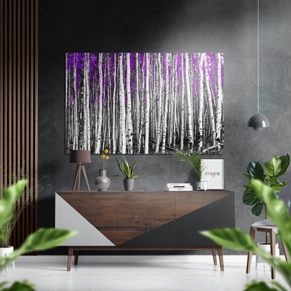 White Birch Trunks With Purple Leaves Brushed Aluminium Dibond Wall Art