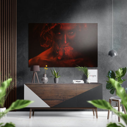 Red Smoke Brushed Aluminium Dibond Wall Art hung above wooden credenza in modern living room with plants and pendant lamp.