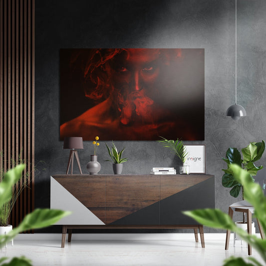 Red Smoke Brushed Aluminium Dibond Wall Art hung above wooden credenza in modern living room with plants and pendant lamp.