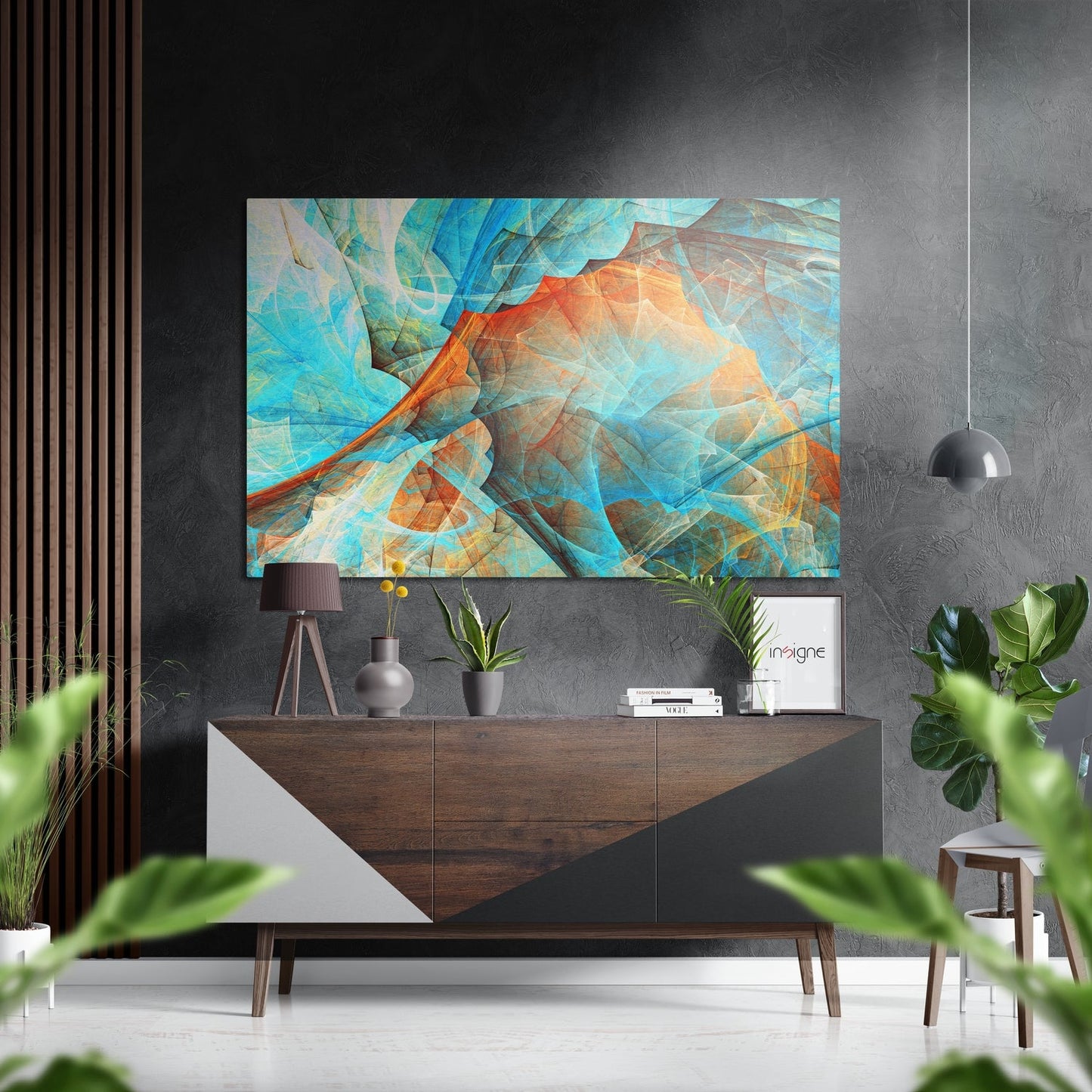 Turquoise Orange Leaf Vein Abstract Brushed Aluminium Dibond Wall Art