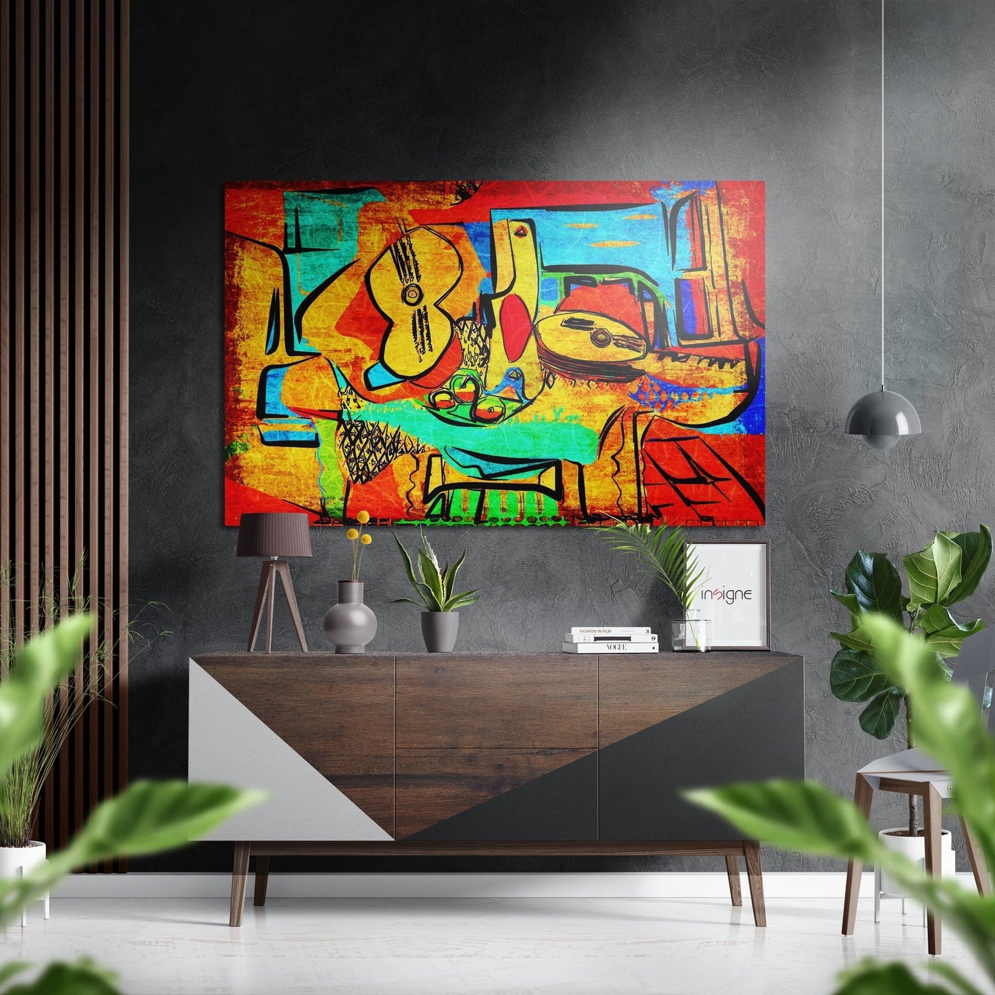Vibrant Cubist Guitar Brushed Aluminium Dibond Wall Art