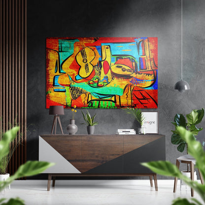 Vibrant Cubist Guitar Brushed Aluminium Dibond Wall Art