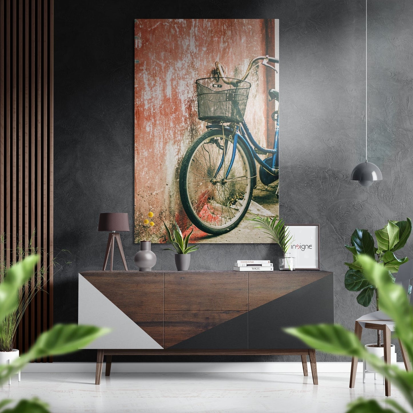 Retro Bicycle Dibond wall art displayed above wooden dresser in modern interior with gray walls and potted plants.