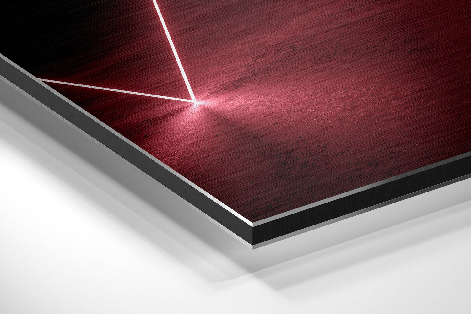 Angled perspective view of red brushed aluminium Dibond panel with white neon lines converging at bright focal point.