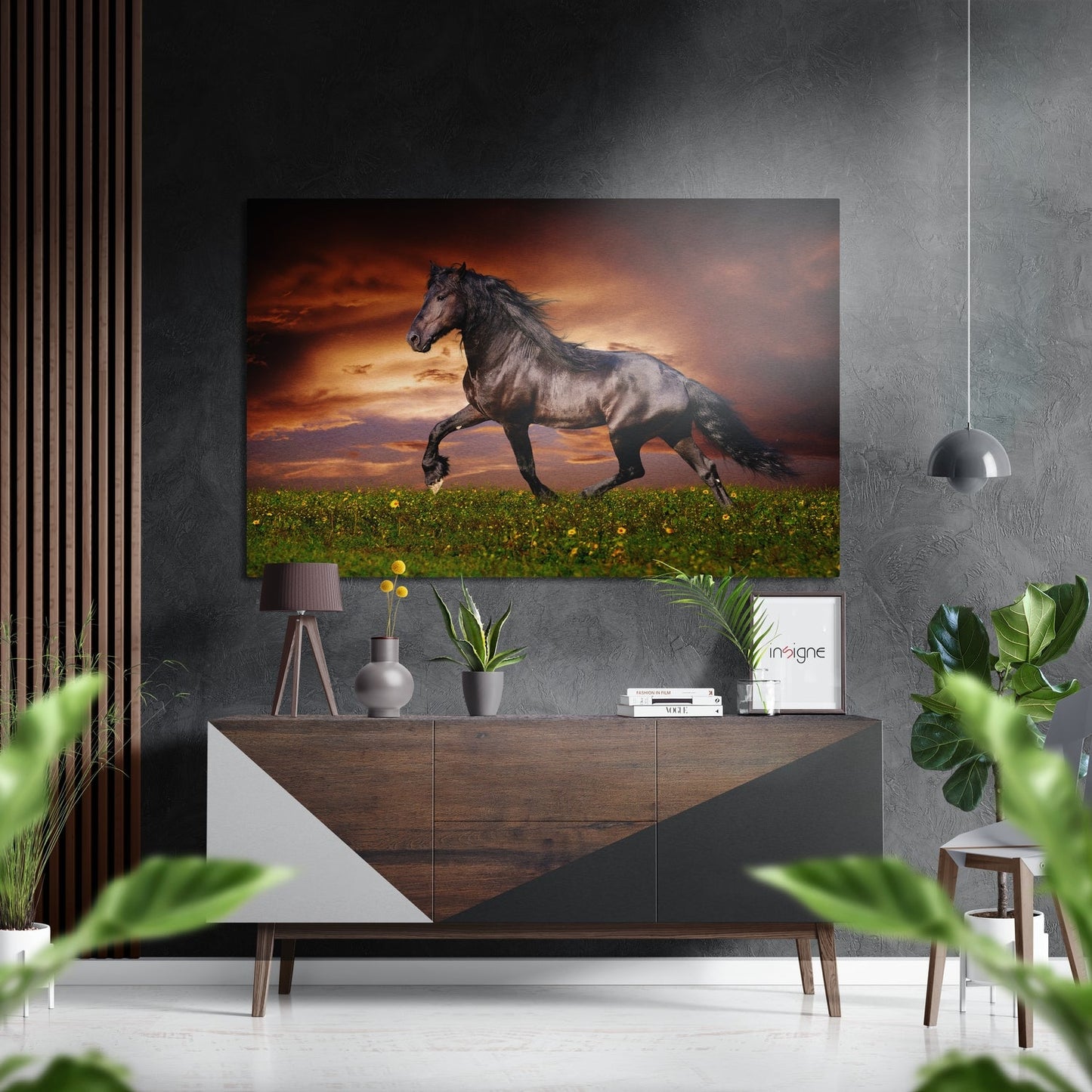 Black Horse Galloping At Sunset Brushed Aluminium Dibond Wall Art