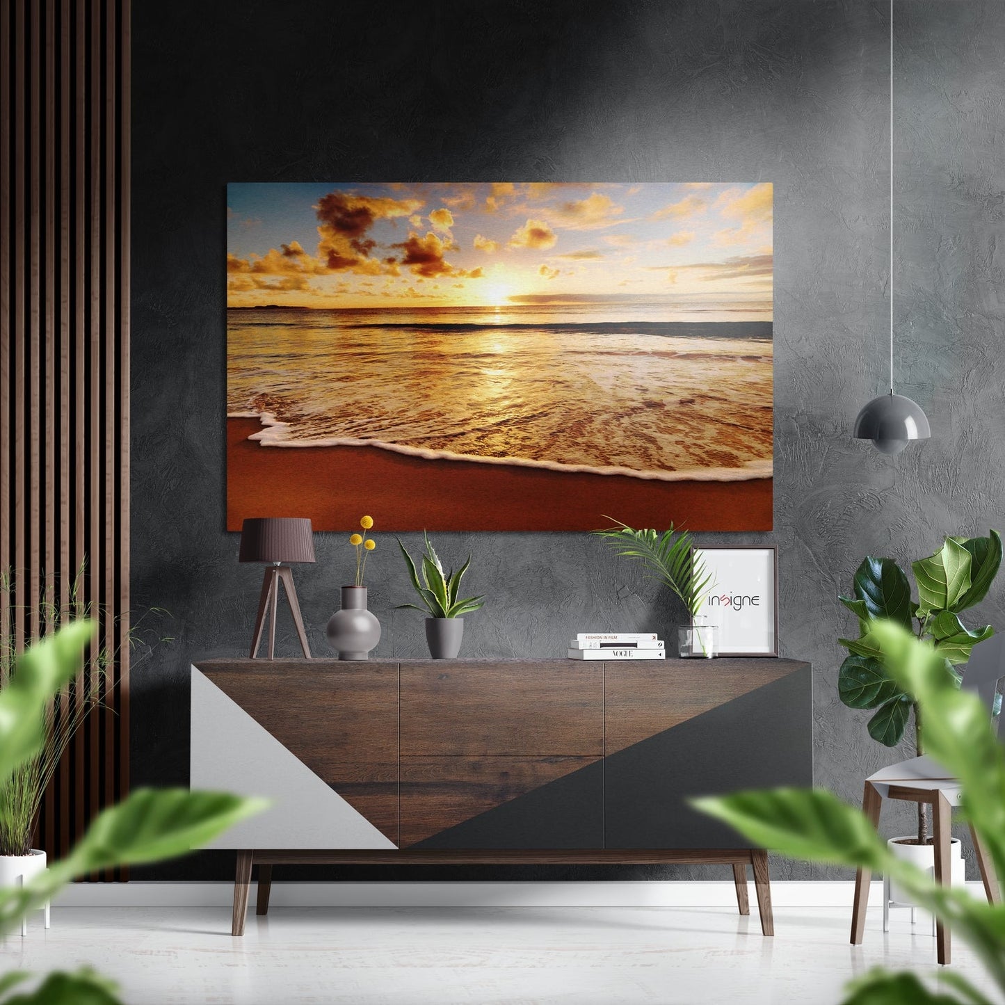 Golden Cloudy Sky Beach Sunset Brushed Aluminium Dibond Wall Art