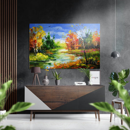 Painted Autumn Forest Creek Brushed Aluminium Dibond Wall Art