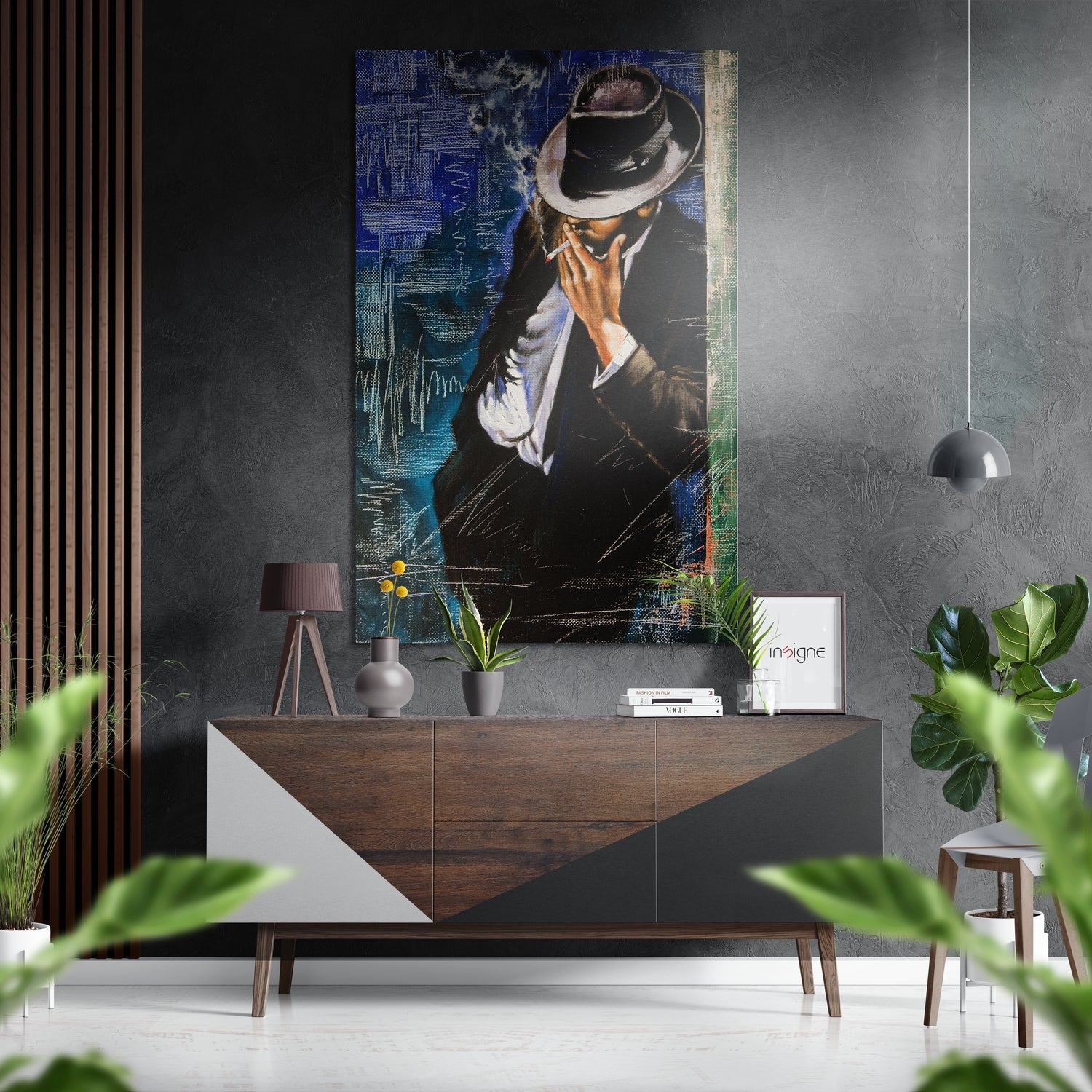 Modern interior featuring brushed aluminium wall art of man in suit and fedora hat with blue abstract background elements displayed above wooden dresser.