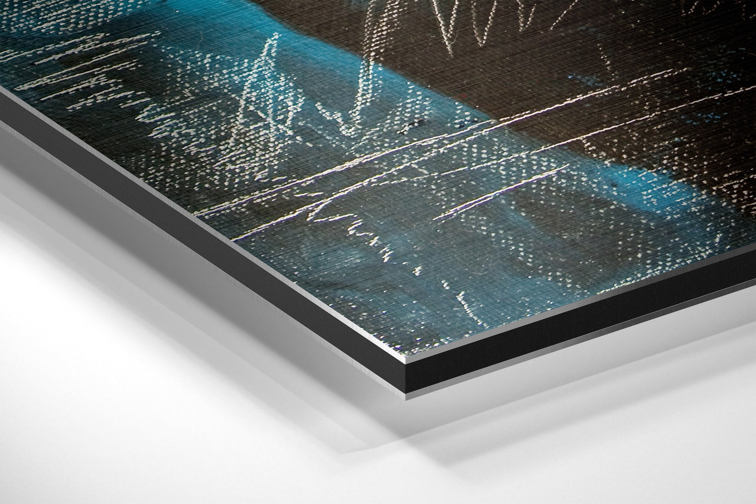 Close-up angled view of brushed aluminum dibond wall art showing layered edge construction with white, gray, and black backing layers.
