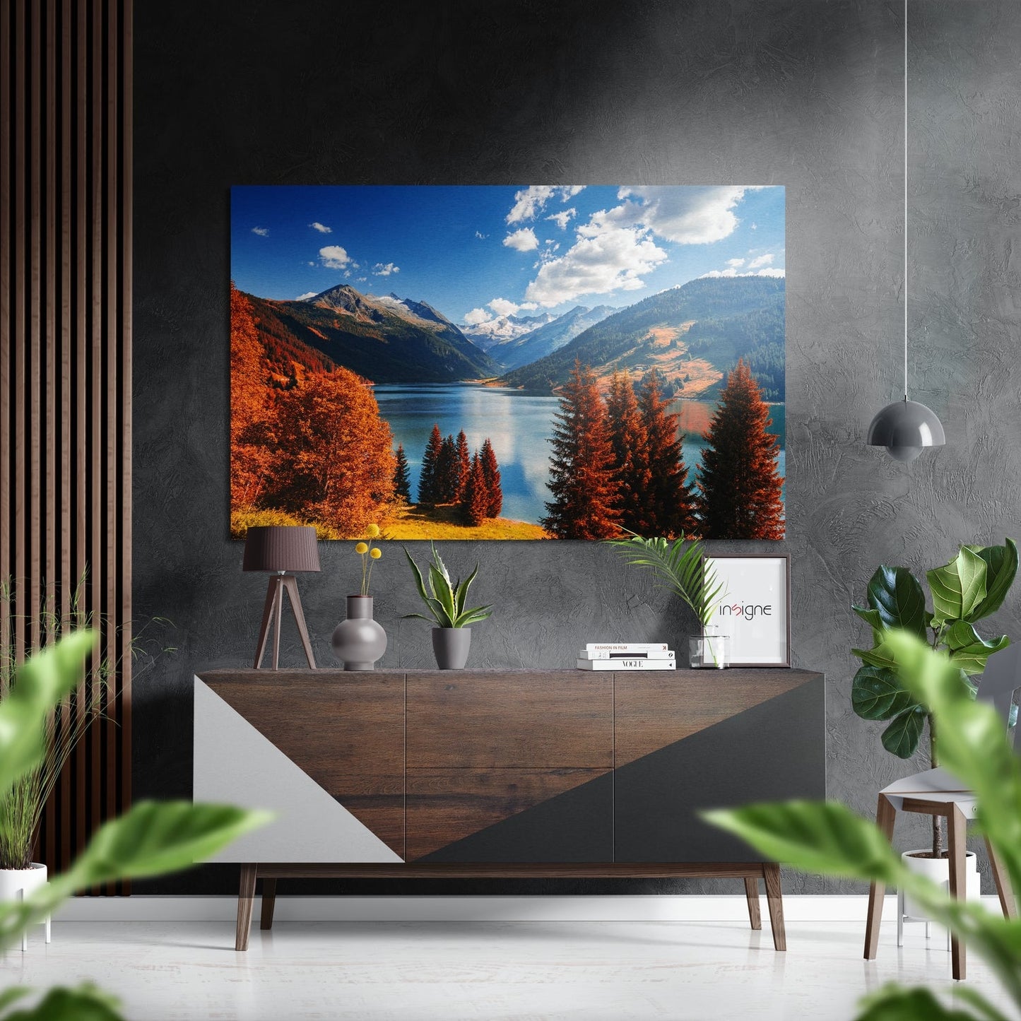Red Pines Alpine Lake Blue Sky Brushed Aluminium Dibond Wall Art
