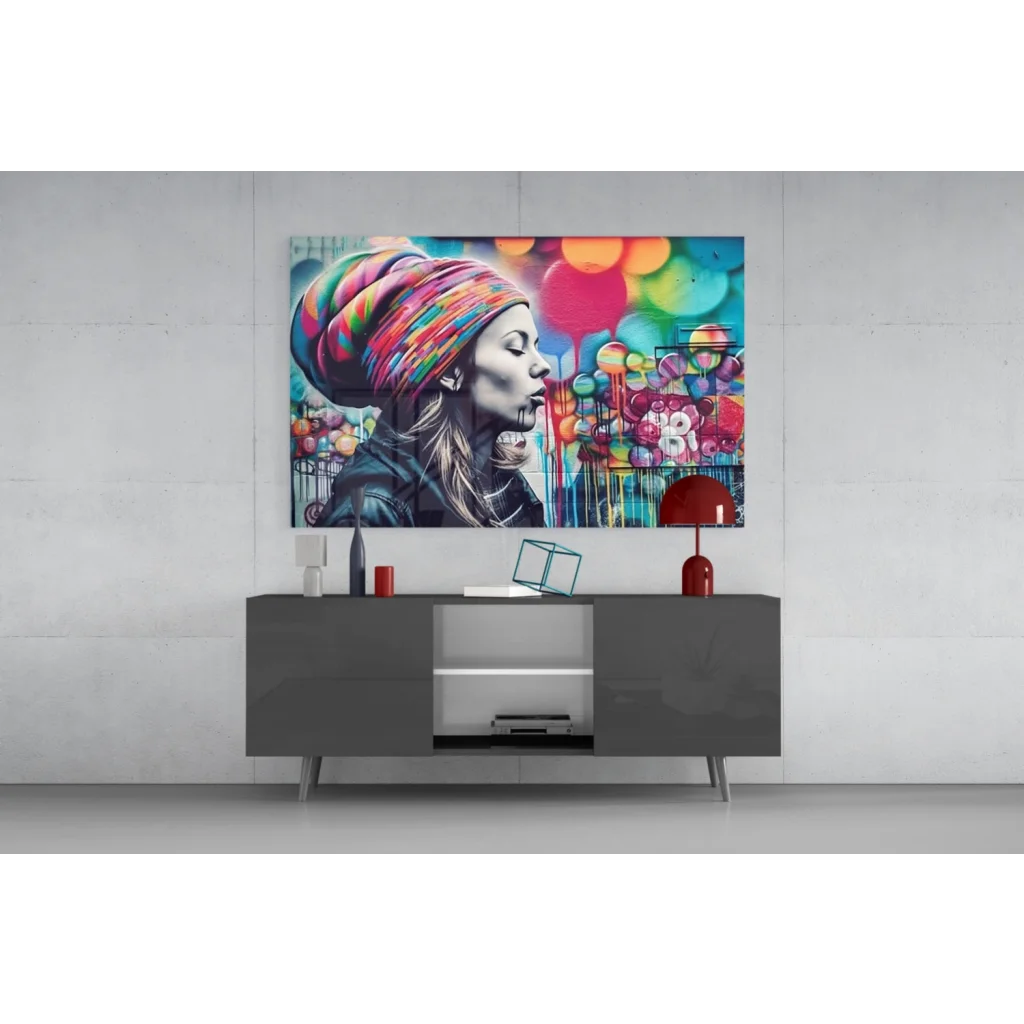 24-inch TV with glossy black frame and silver legs on Bubble Pop wall art canvas