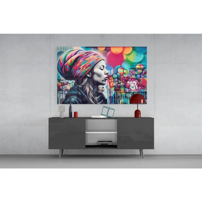 24-inch TV with glossy black frame and silver legs on Bubble Pop wall art canvas