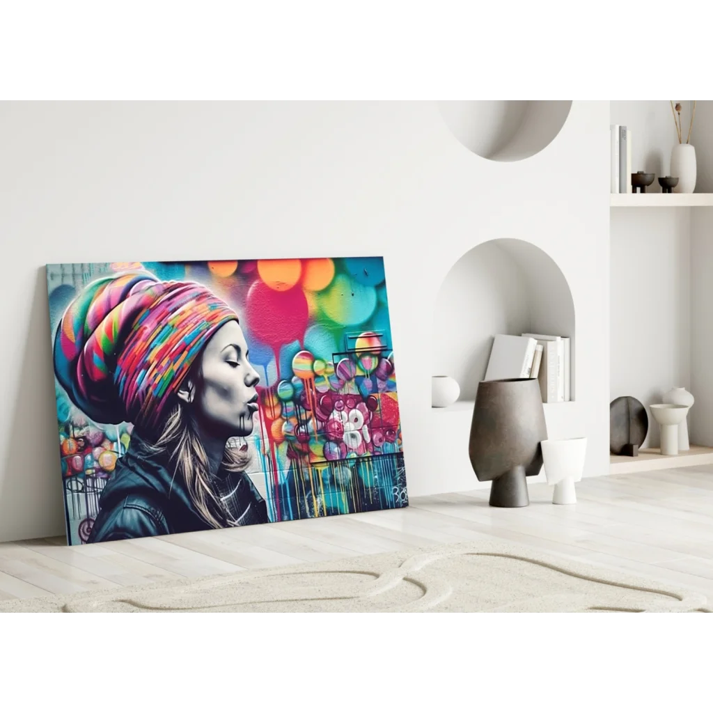 Vibrant pink and blue bubble pop wall art canvas print with woman blowing bubbles