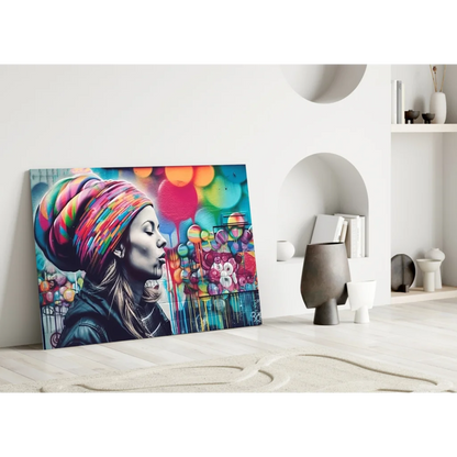 Vibrant pink and blue bubble pop wall art canvas print with woman blowing bubbles