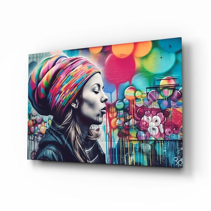Vibrant bubble gum wall art canvas print of woman blowing colorful bubbles in pink and blue