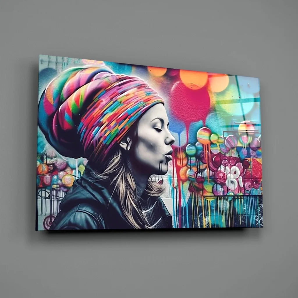 Vibrant Bubble Pop wall art canvas print of woman in colorful turban jacket
