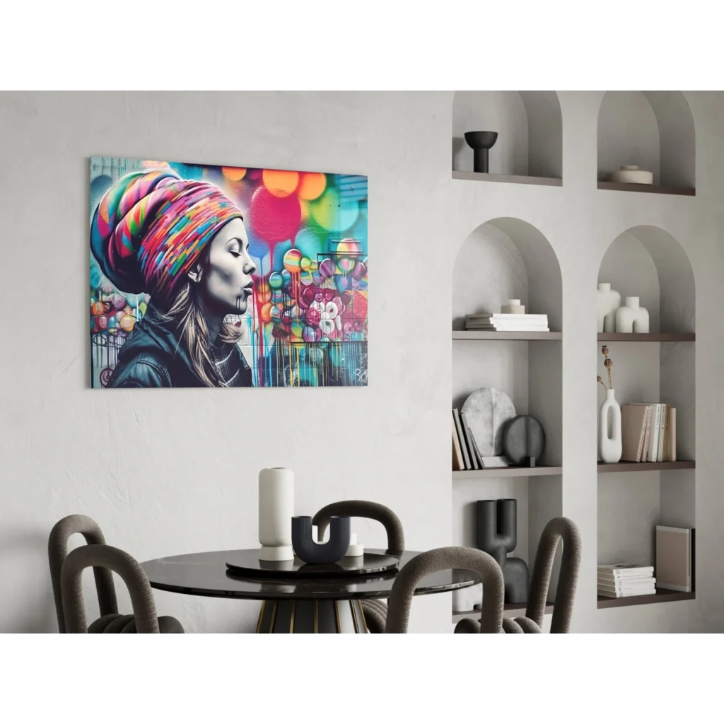 Vibrant pink and blue bubble pop wall art canvas print of woman blowing bubbles