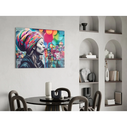 Vibrant pink and blue bubble pop wall art canvas print of woman blowing bubbles