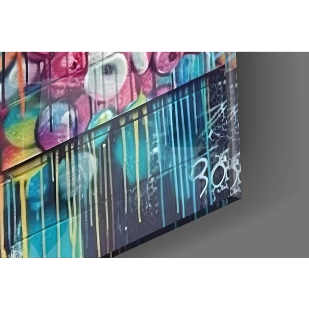 Colorful dripping graffiti on pink and blue Bubble Pop glass wall art panel