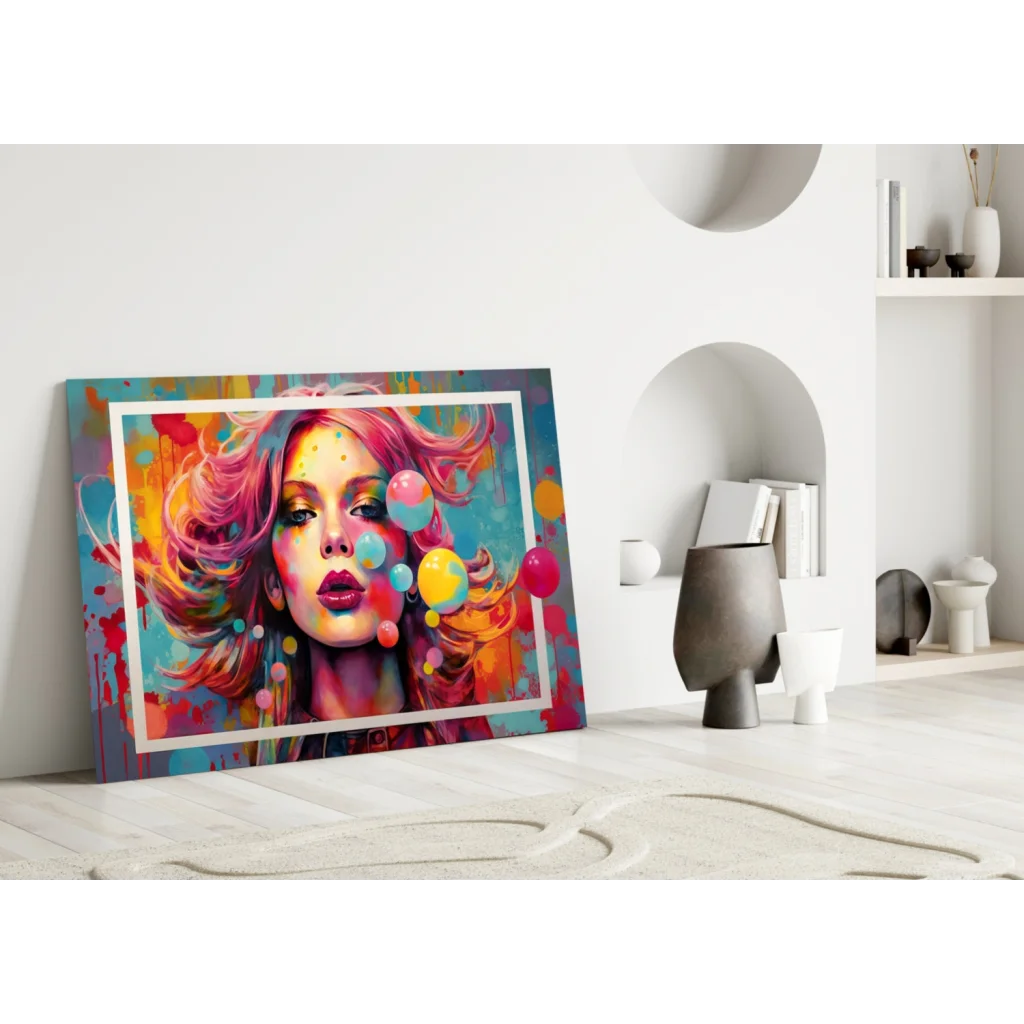 Vibrant Bubblegum Dreams pop art glass wall art canvas with pink-haired woman and colorful bubbles