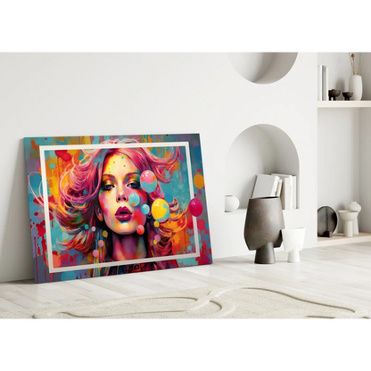 Vibrant Bubblegum Dreams pop art glass wall art canvas with pink-haired woman and colorful bubbles