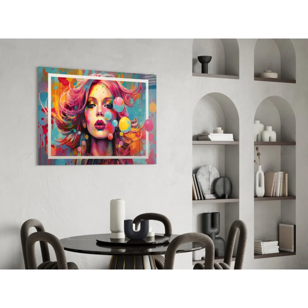 Vibrant Bubblegum Dreams pop art glass wall art canvas with pink-haired woman and bubbles