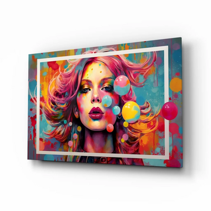 Bubblegum Dreams pop art glass wall art with pink-haired woman and colorful splatters