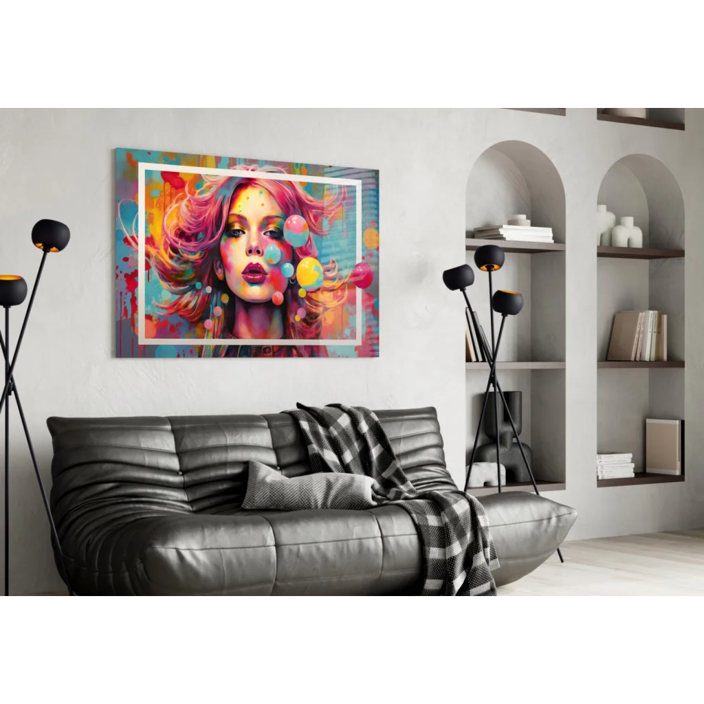 Vibrant Bubblegum Dreams pop art glass wall art canvas with pink-haired woman blowing colorful bubbles