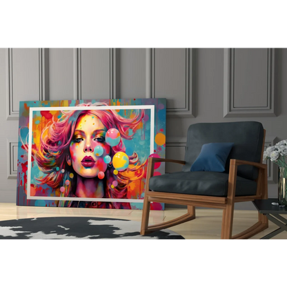 Vibrant Bubblegum Dreams pop art glass wall art with pink-haired woman and bubbles