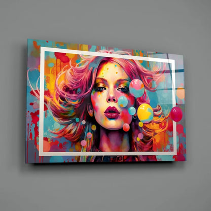 Vibrant pop-art woman with pink orange hair in Bubblegum Dreams glass wall art