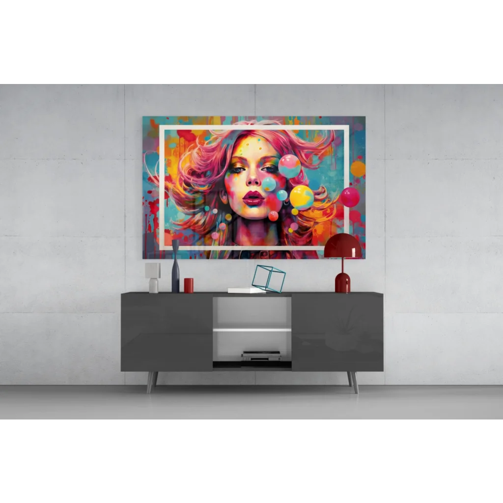 Vibrant Bubblegum Dreams pop art glass wall art canvas with pink-haired woman and colorful bubbles