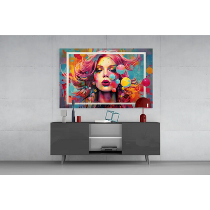Vibrant Bubblegum Dreams pop art glass wall art canvas with pink-haired woman and colorful bubbles