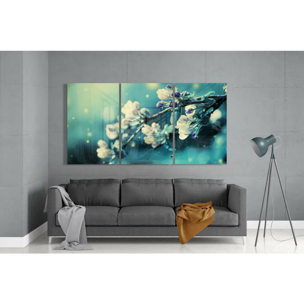 Stylized purple blossom wall art set on teal canvas tri-panel