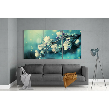 Stylized purple blossom wall art set on teal canvas tri-panel