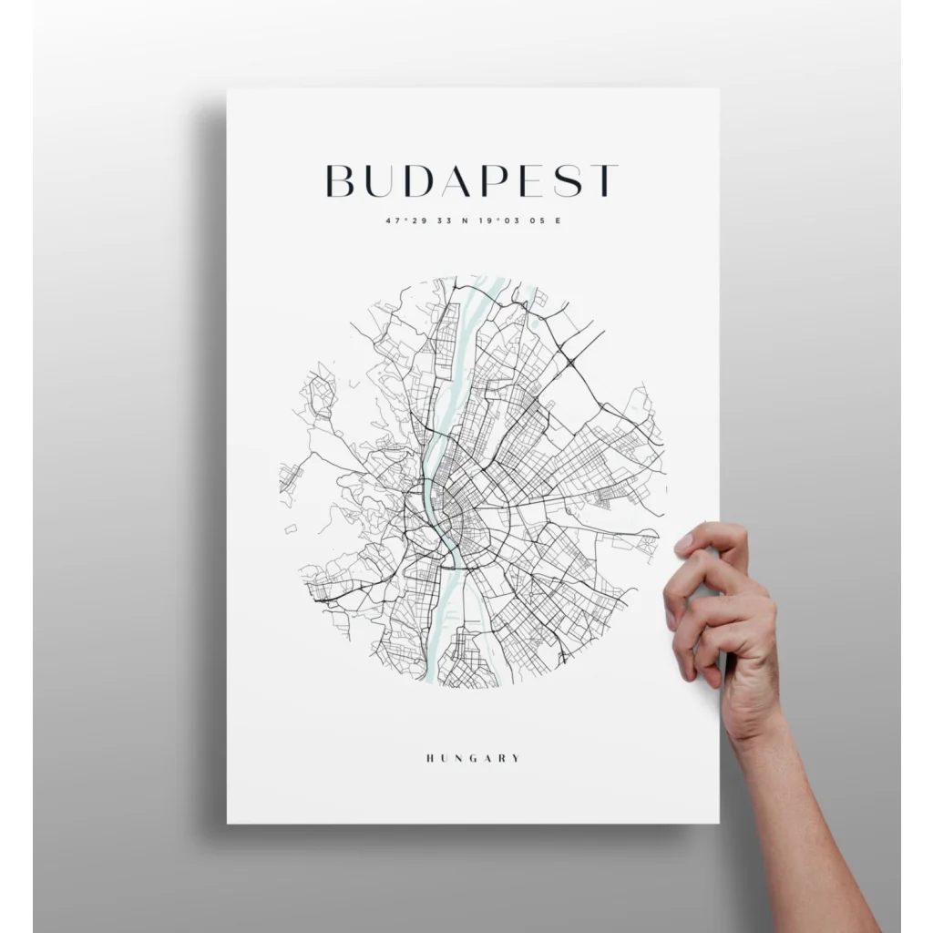 White minimalist Budapest city map poster on aluminum print