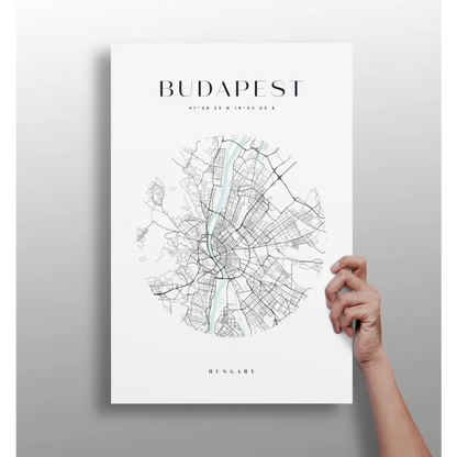 White minimalist Budapest city map poster on aluminum print