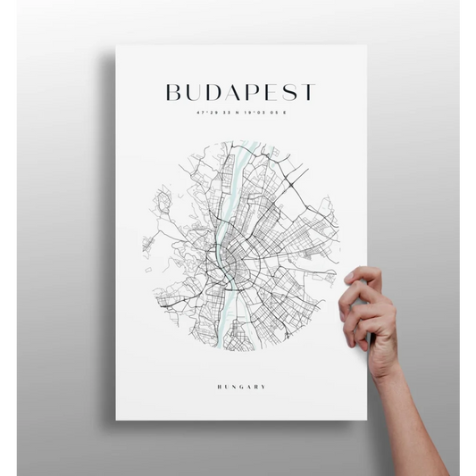 White minimalist Budapest city map poster on aluminum print