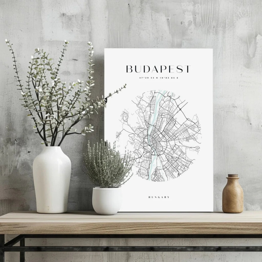 White minimalist Budapest city map poster in black and white aluminum print