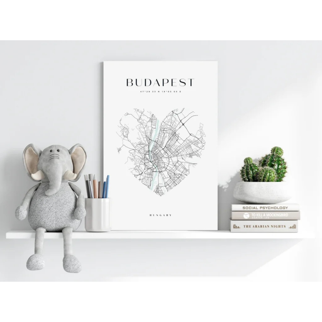 White framed Budapest map poster in heart design on Insigne aluminum prints