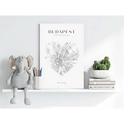 White framed Budapest map poster in heart design on Insigne aluminum prints