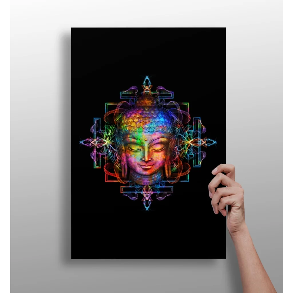 Vibrant rainbow Buddha head on insigne aluminum prints wall art