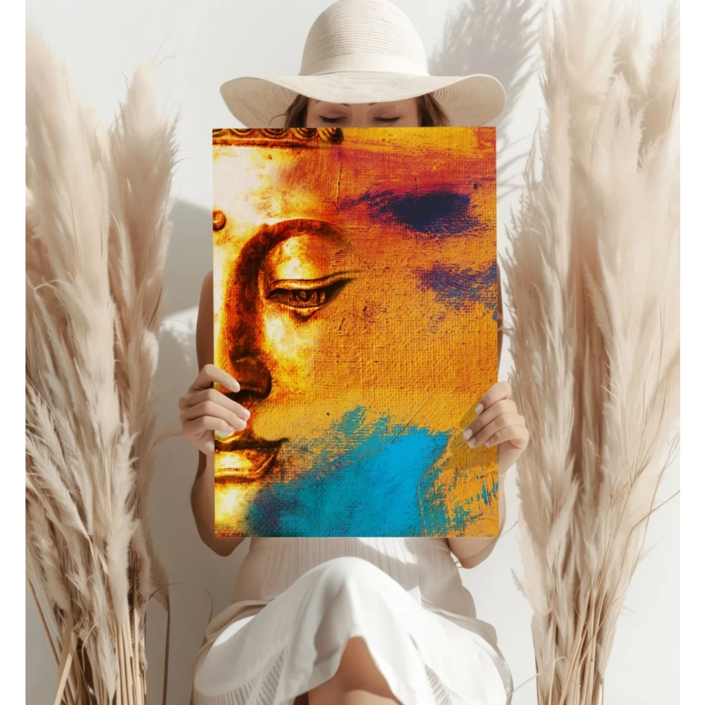 Vibrant Buddha face on insigne aluminum prints in gold, orange, blue tones