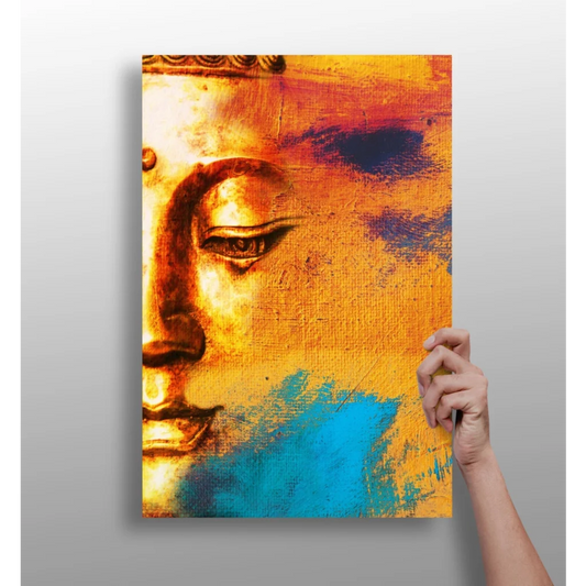 Golden Buddha face on vibrant insigne aluminum prints in orange, blue, red
