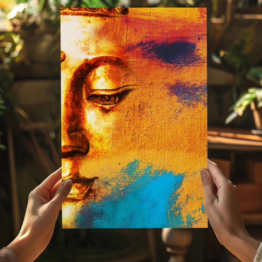Serene Buddha face on vibrant insigne aluminum prints in gold, orange, blue