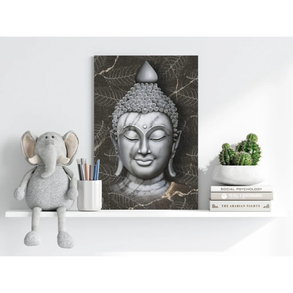 Stunning gray Buddha portrait on insigne aluminum print with textured details