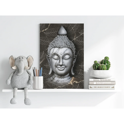 Stunning gray Buddha portrait on insigne aluminum print with textured details