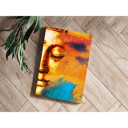 Vibrant golden Buddha face on insigne aluminum print with orange blue strokes