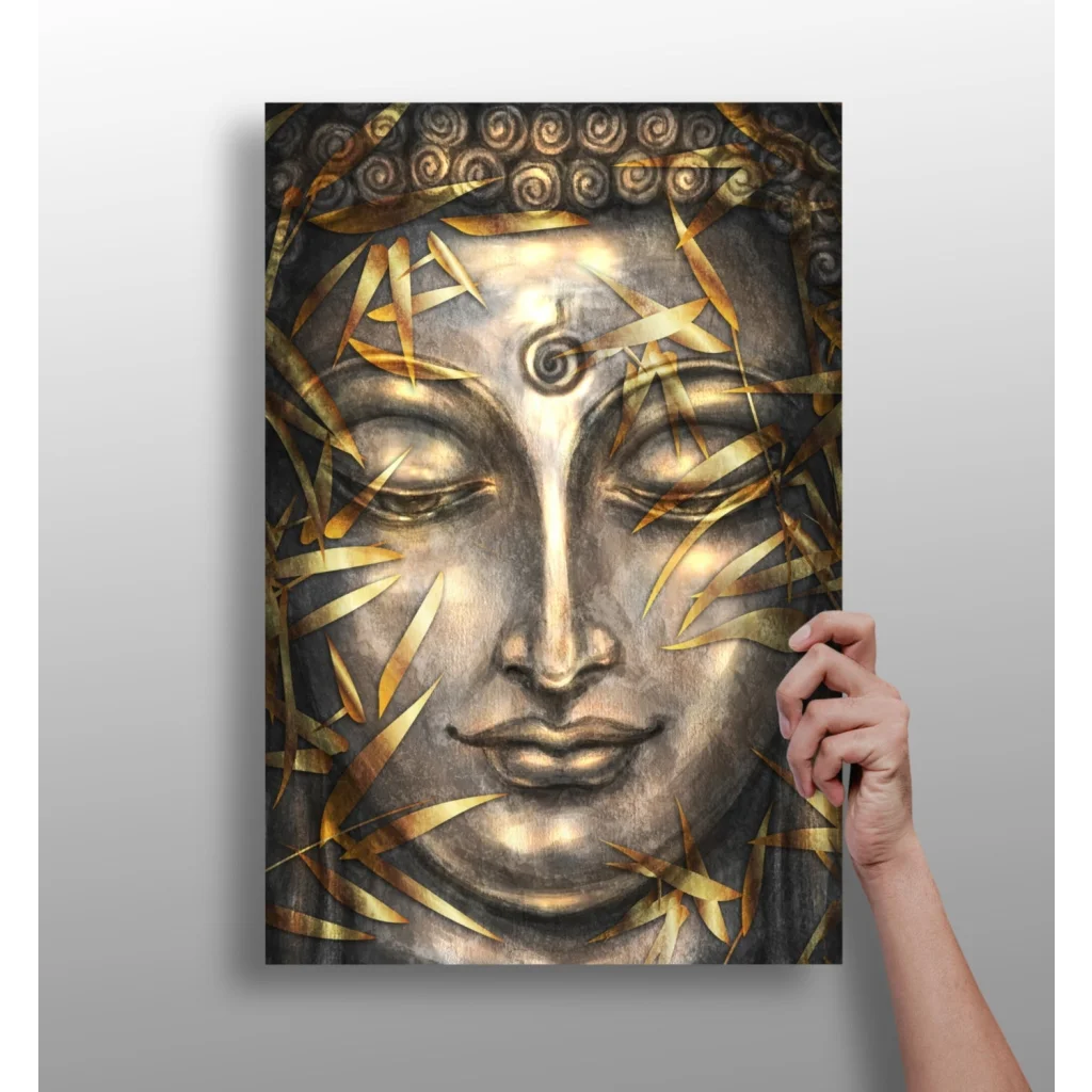 Stunning metallic Buddha insigne aluminum print with bamboo leaves